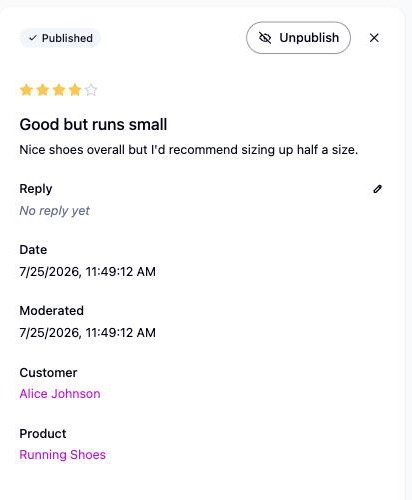 A four-star review open in Cascade’s detail pane, showing the customer, the product, the moderation date and an Unpublish action.